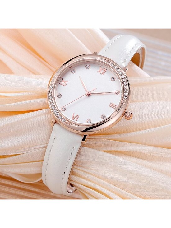 Women\'s White And Rose Gold Analog Leather Strap Crystal Accented Silicone Watch main image 4